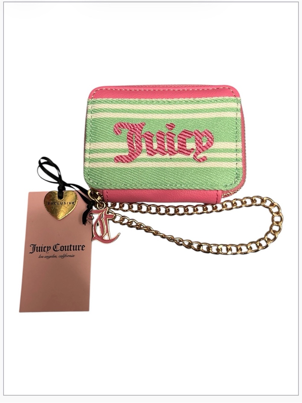 Juicy Couture Juicy Paradise Square Zip Wallet Pink Green Striped Wristlet